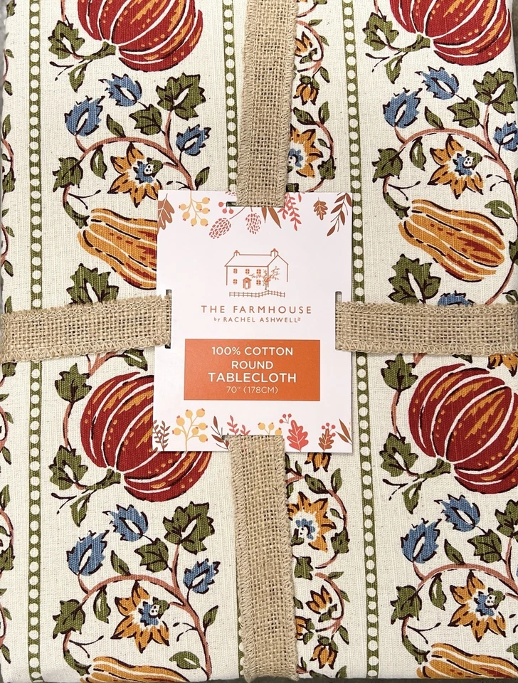 The Farmhouse Orange Pumpkin Jacobean Cloth Tablecloth 70” Round Rachel Ashwell - Image 1 of 1
