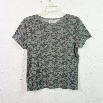 Vintage 90s Grey and Black Floral All Over Print Short Sleeve T-shirt Medium - Image 1 of 4