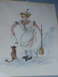 Vintage Original Watercolor Lady Clown And Cat Whimsical Illustration Signed FW - Photo 1 sur 3