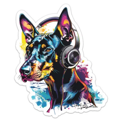 DJ Doberman Pinscher Dog Vinyl Decal Waterproof Car Bumper Sticker - Image 1 of 4