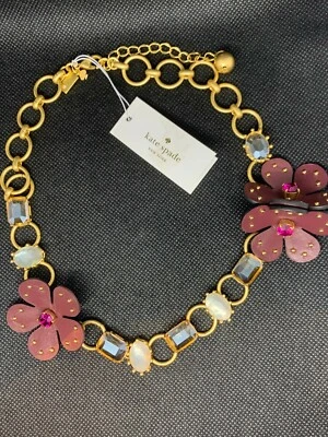 KATE SPADE NEW YORK Studded Burgundy Leather Flower Collar Necklace NWT $128 W@W - Image 1 of 4