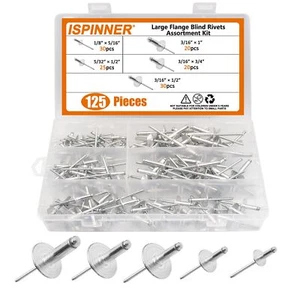 ISPINNER 125Pcs Large Flange Aluminum Blind Rivets Pop Rivets Assortment Kit - Picture 1 of 7
