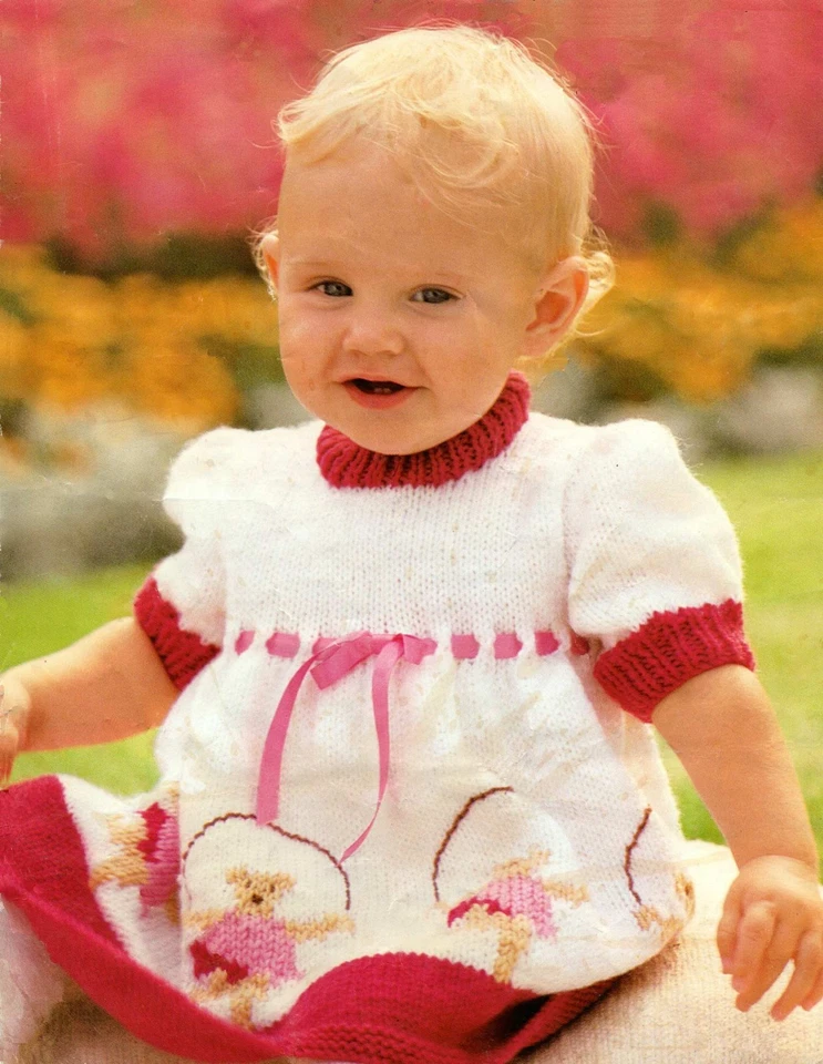 Knitting Pattern Baby/Girls Pretty Dress With Teddy Bear Motif.18-22 Inch chest - Image 1 of 1