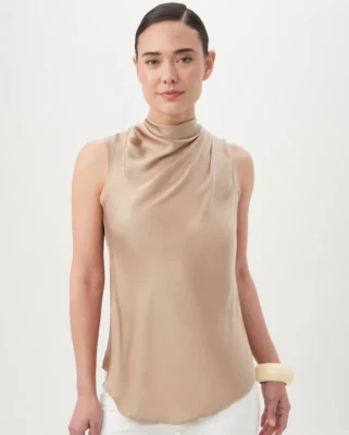 Nuevo con etiquetas - Top Trina Turk 'Lenaya' cuello embudo sin mangas mezcla de seda, dorado - talla 2XL Foto 1 de 3