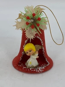 Vintage Weihnachtsschmuck beflockt Glocke Engel Diarama Glitzer kitschig Kunststoff - Bild 1 von 9