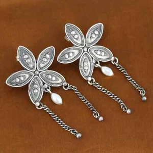 Pearl, Ruby 925 Sterling Silver Flower Antique Earrings Indian Jewellery Gift - Picture 1 of 6
