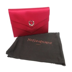YSL Yves Saint Laurent Vintage Satin Stone Red Clutch Bag Unused W/Storage Bag - Picture 1 of 13