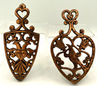 TWO Vintage Cast Iron & Copper Hearts & Birds Plate Trivet Home Wall Decor