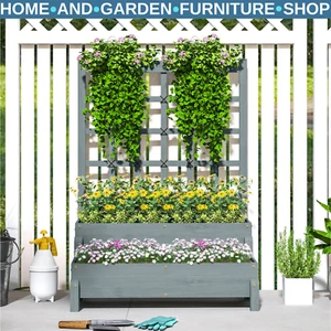 2 Tier Raised Garden Bed, Trellis Wooden Planter Box Outdoor Raised w/ Drainage - Picture 1 of 14