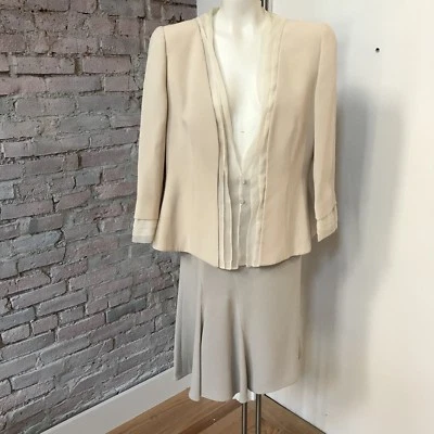 Giorgio Armani 女式西装 A 字裙无领夹克棕褐色和灰色丝绸 L — 第 1/4 张图片