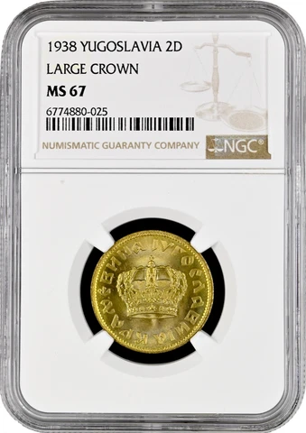 Yugoslavia 2 dinara 1938, NGC MS67 LARGE CROWN, "King Peter II (1934 - 1945)" Cover