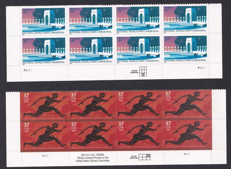 Scott #3862-3863 World War 2 Memorial Greek Olympics Plate Block of 8 Stamps MNH - Image 1 of 1