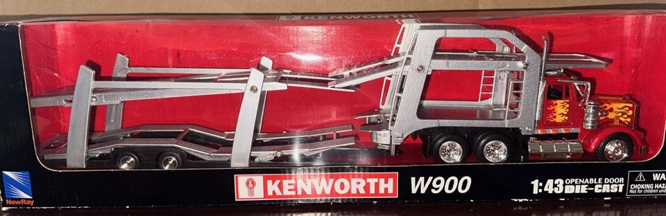 New-Ray 1:43 Red with Flames Kenworth W900 Car Hauler #15213S #773 - Image 1 of 1