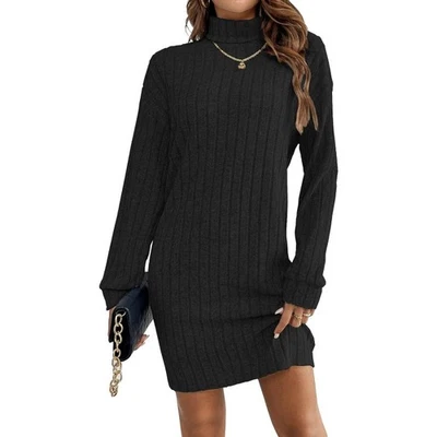 Women's Turtleneck Knit Sweater Dress Ribbed Bodycon Long Lantern Sleeve Dresses - Image 1 of 4