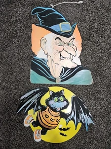 Vintage gestanzte Halloween Deko Eureka Hexe und Fledermaus mit Filz Details - Bild 1 von 12