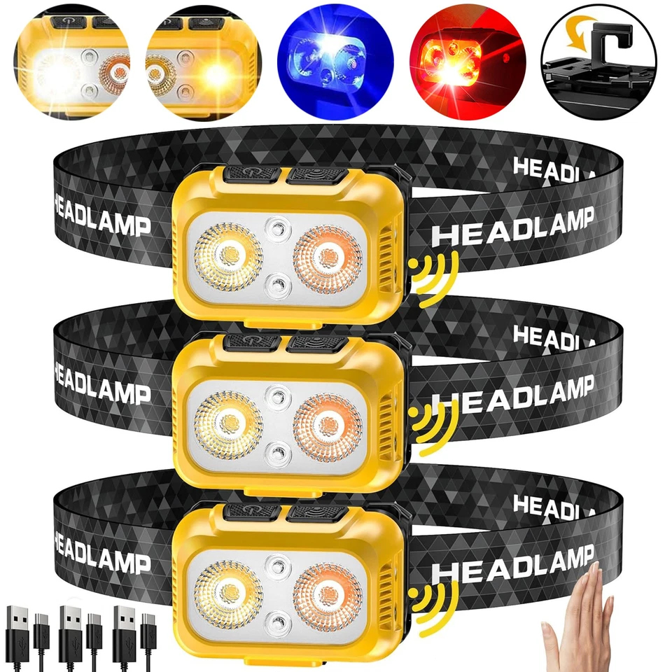 3PCS EDC LED Headlamp Rechargeable Motion Sensor Headlight Head Lamp Work Light - Image 1 of 4