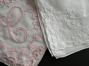 A+ 2 Vintage Bright White Hankies Madeira Style Hand Embroidered Monogram C - Picture 1 of 7