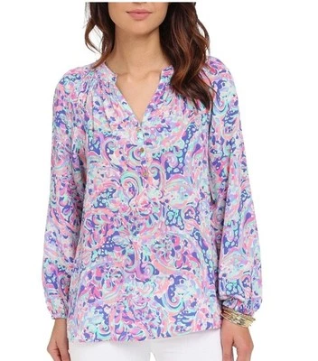Blusa Top Lilly Pulitzer Rosa Paisley 100% Seda Cuello en V Manga Larga Talla XS Foto 1 de 4