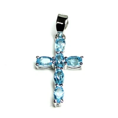 Naturale Topazio Blu Gemma 925 Argento Sterling Croce Ciondolo Fidanzamento - Immagine 1 di 4