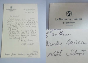 Journaliste Noël SABORD (1882-1949): lettre autographe 1930 á Jacques MORTANE - Bild 1 von 8