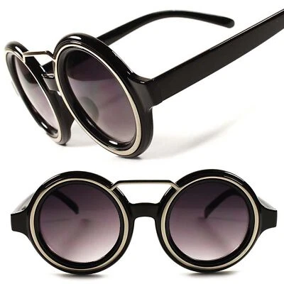 Óculos de sol masculino feminino retrô hippie estético preto redondo com destaque prata - Imagem 1 de 4