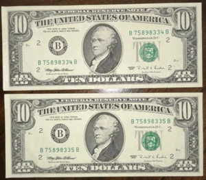 $10 Dollar Bill Note 1995 series Small face New York B 75898334 B & B 75898335 B - Picture 1 of 5