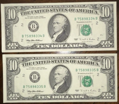 $10 Dollar Bill Note 1995 series Small face New York B 75898334 B & B 75898335 B - Image 1 of 4