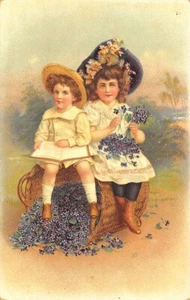 Raphael Tuck Boy & Girl with Flowers "Artistic Birthday Post Card" Tuck #14 - Picture 1 of 2