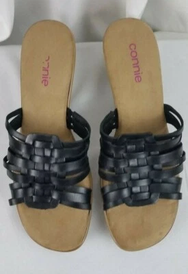 Connie Negro Cuero Mujer Sandalias Slip On Tacón Alto Zapatos Talla 8 M Foto 1 de 4