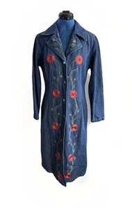 Vintage 90s Y2K what's hot hollywood embroidered floral long Denim jacket coat - Picture 1 of 16