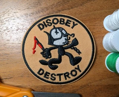 Disobey Destroy Anarchist Black Cat Bloody Knife Embroidered Iron On Patch 3"