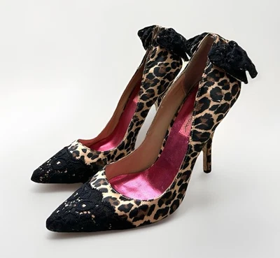 Betsey Johnson Leopard Heels 8 Lace Bow Stiletto  Pumps Pointed Toe Party Dressy - Image 1 of 4