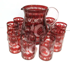 Egermann Ruby Red Bohemian Czech Art Glass *Water Pitcher and 8 Glasses* EXC - Picture 1 of 13