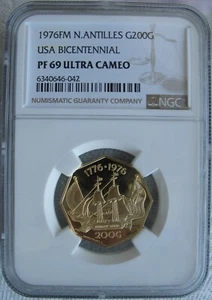 1976 FM Netherlands Antilles Gold 200 Gulden NGC PF-69 Ult.Cameo USA BICENTENNIA - Picture 1 of 3