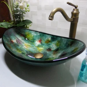 Cloakroom Boat Shape Tempered Glass Basin Bathroom Green Counter Top Sink HX017 - Picture 1 of 5