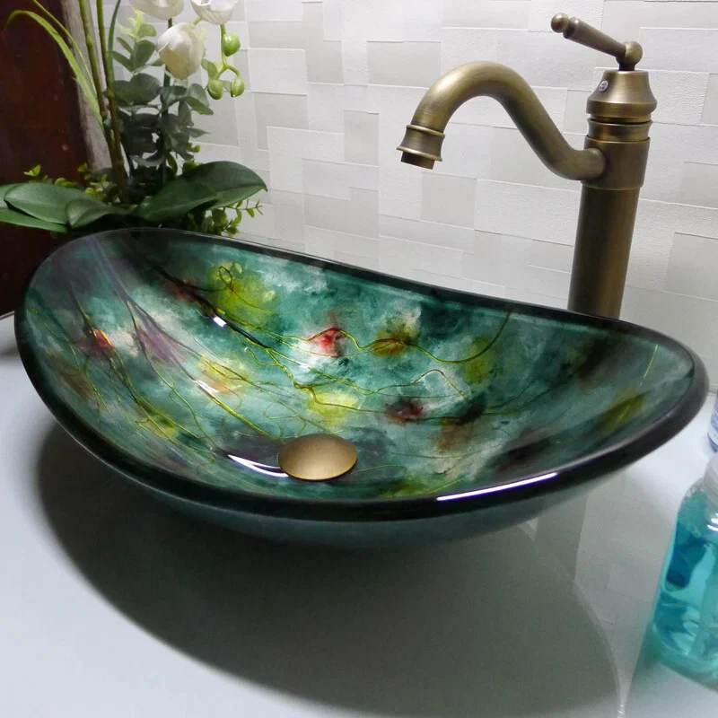 Cloakroom Boat Shape Tempered Glass Basin Bathroom Green Counter Top Sink HX017 - Image 1 of 4