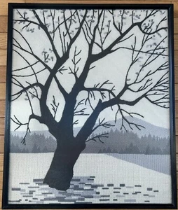 Vintage MCM Needlepoint Textile Art 25.5” x  21” Stark Winter Tree Modern - Picture 1 of 5