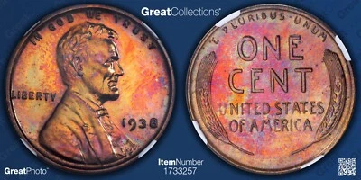 1938 TONED Lincoln Wheat Cent Proof NGC PF 64 RB PR64 RB Toning Coin 1C - Image 1 of 4