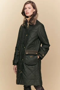 BARBOUR Olive Golspie Wax Jacket £349 UK 12 EU 38 USA 8 Large Quilted Faux Fur - Picture 1 of 15