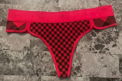 NWT VICTORIA'S SECRET PINK L BUFFALO PLAID THICK LOGO BAND RARE THONG PANTIES - Image 1 of 3