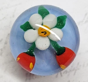 Flower & Strawberries ~ Glass Paperweight w/ Blue Base ~ Gooderham Studio Button - Picture 1 of 6