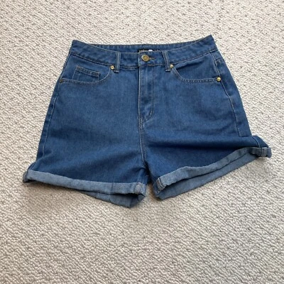 Pantalones Cortos de Jean Boohoo Para Mujer 6 Azul Denim Puño Enrollado Dobladillos Sólidos Mamá Tiro Alto Foto 1 de 4
