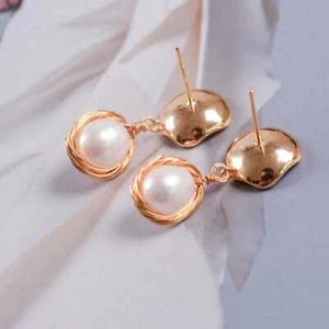 Fashion natural white eggshell fresh water Pearl gold Earrings Diamond Art - Picture 1 of 5