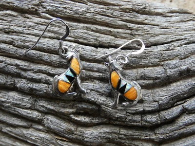 Spiny Oyster Gemstone & Opal Southwestern Sterling Silver Wolf Dog Earrings Z90 - Image 1 of 4