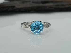 Beautiful Swiss Blue Topaz Solitaire Round Gemstone 92.5 Sterling Silver Ring - Picture 1 of 3