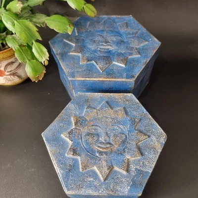 Vintage 90s Style Blue Hexagonal Set Of Two Sun Celestial Boxes - Image 1 of 4