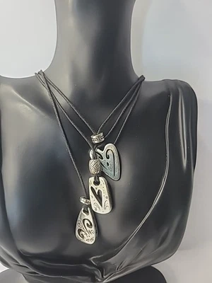 Vintage Brighton Etched Heart Swirl Pendant Triple Strand Silver Tone Jewelry - Image 1 of 4