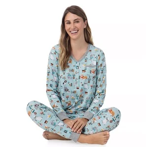 Cuddl Duds Cozy Long Sleeve Henley Pajama Top n Pajama Pants Set in mint dogs XL - Picture 1 of 7