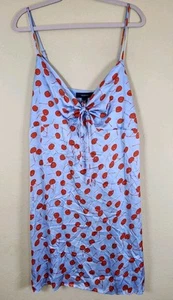 Forever 21 1X Abito rosa stampa ciliegia mini spaghetti strap pinup cravatta seno blu - Foto 1 di 11