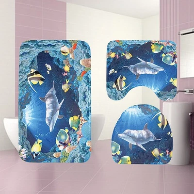  3 in 1 Dolphin Unterwasser Muster Badematte Set Rutschfeste Waschraum Teppich - Bild 1 von 4
